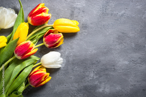 Tulips on stone table. Flower background.
