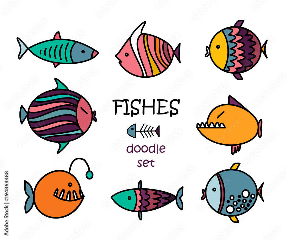 Fototapeta premium Cute fishes cartoon. Doodle set