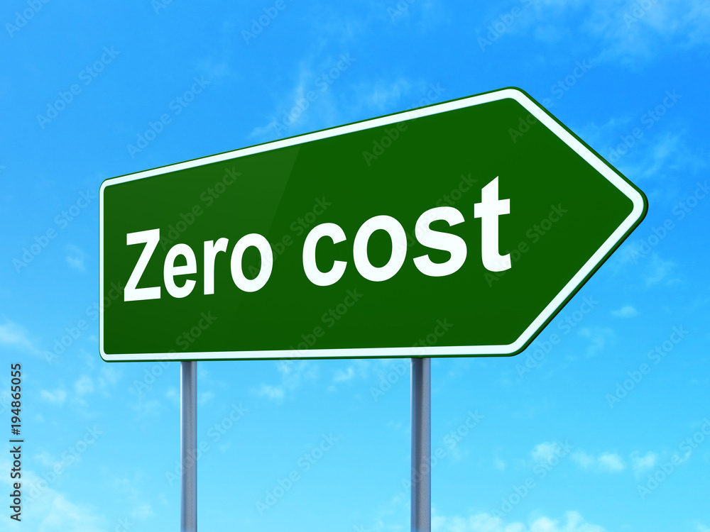Finance concept: Zero cost on green road highway sign, clear blue sky background, 3D rendering Finance concept: Zero cost on green road highway sign, clear blue sky background, 3D rendering