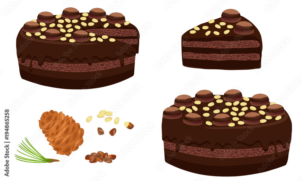 Whole chocolate cake with nuts and cream.  Portion. Cake cut sliced with cuttings. A piece of chocolate cake. Dessert close-up isolated on white background. Vector illustration.