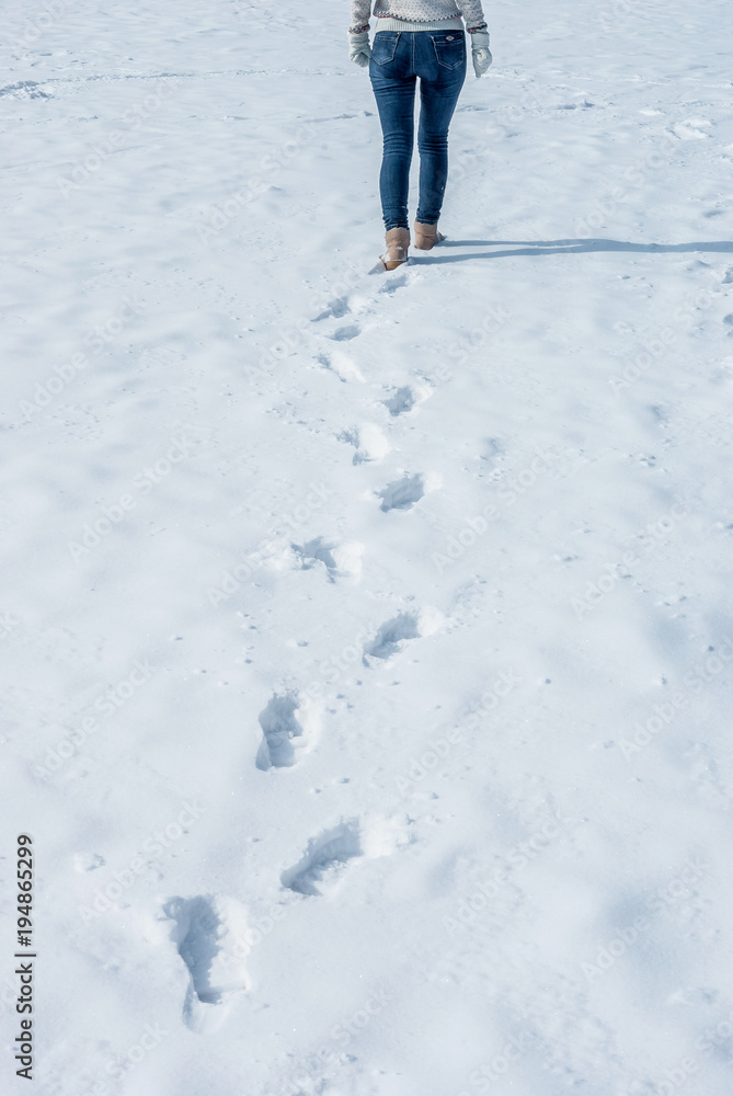 girl in a white sweater runs across the snow-covered ice of the lake in winter girl in a white sweater runs across the snow-covered ice of the lake in winter