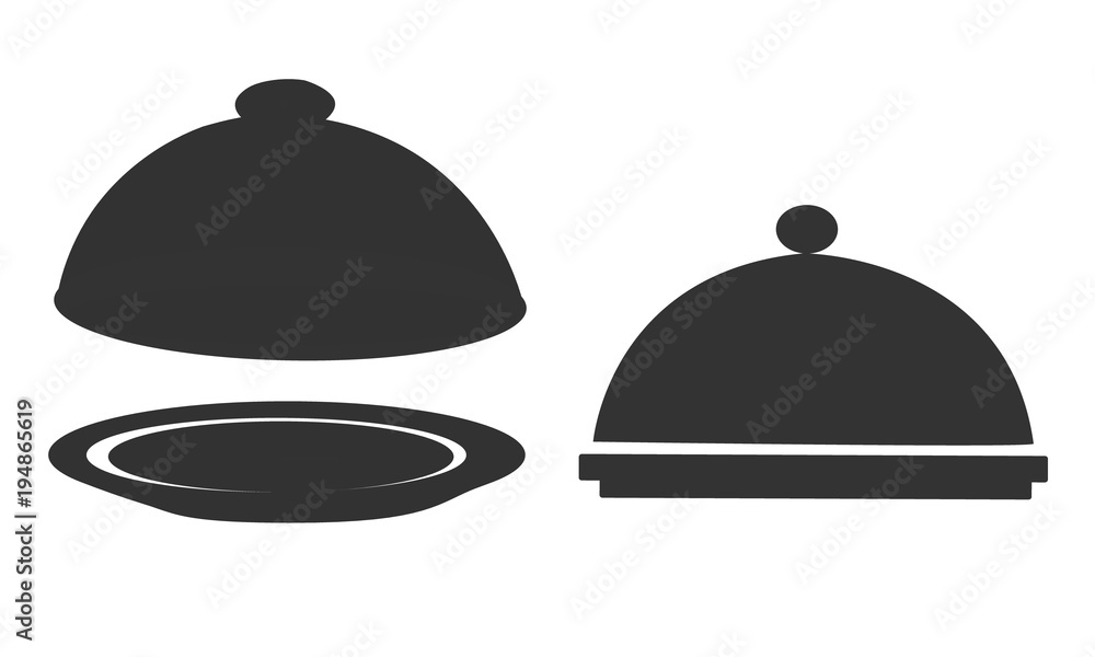 Plate. Black icon. Open empty metal silver platter and cloche with space to place object isolated on white background. Steel dish with cover for hot service at the restaurant. Vector illustration. Plate. Black icon. Open empty metal silver platter and cloche with space to place object isolated on white background. Steel dish with cover for hot service at the restaurant. Vector illustration.