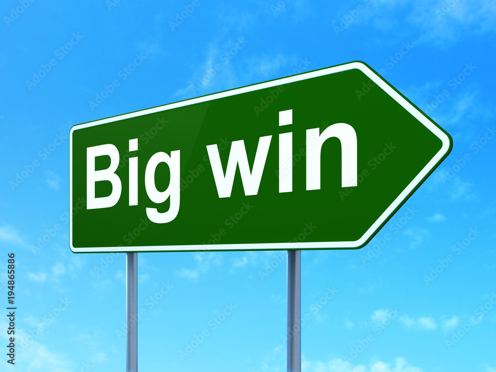 Finance concept: Big Win on green road highway sign, clear blue sky background, 3D rendering Finance concept: Big Win on green road highway sign, clear blue sky background, 3D rendering
