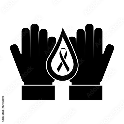 hands with drop blood and ribbon hemophilia care vector illustration black and white design