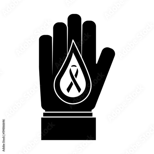 hand with drop blood and ribbon medical vector illustration black and white design