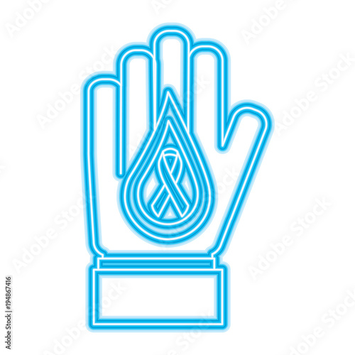 hand with drop blood and ribbon medical vector illustration neon blue design