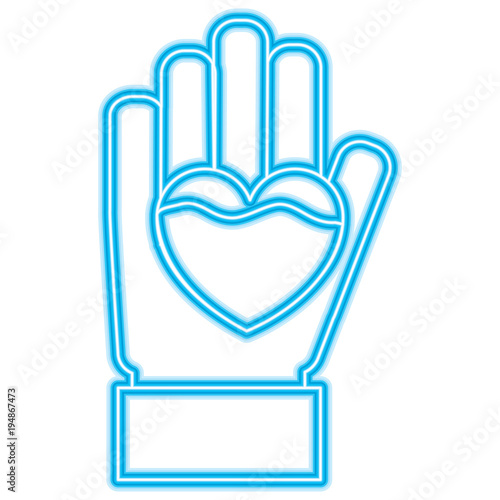 hand heart blood hemophilia support care symbol vector illustration neon blue design