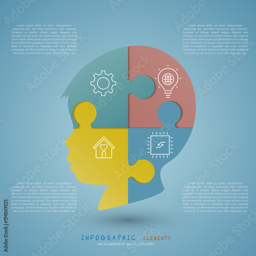 Infographic elements with child jigsaw head improvement and development skill concept. Include simple icons.