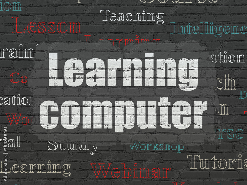 Learning concept: Painted white text Learning Computer on Black Brick wall background with  Tag Cloud