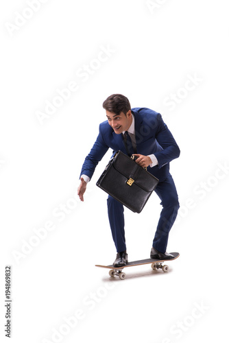 Businessman riding skateboard isolated on white background