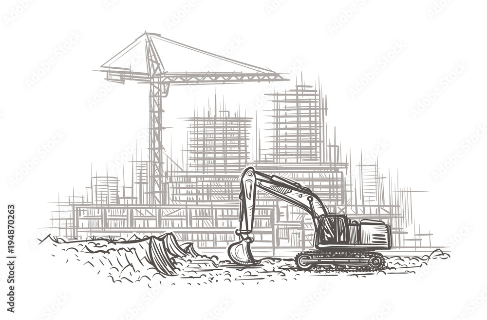 Excavator on construction site hand drawn illustration. Vector. 