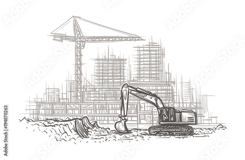 Excavator on construction site hand drawn illustration. Vector. 