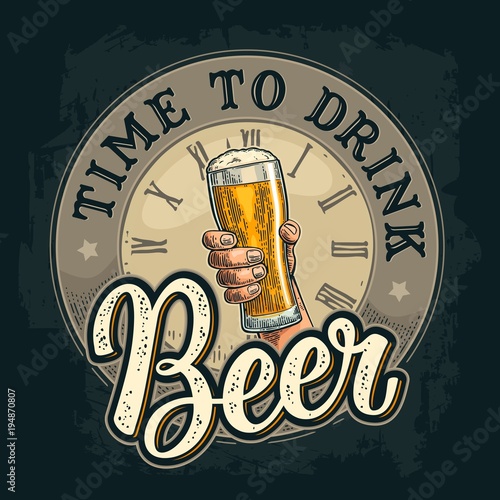 Male hand holding beer glass. Born to drink lettering