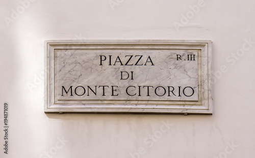 Street sign Piazza de Monte Citorio in Rome, Italy