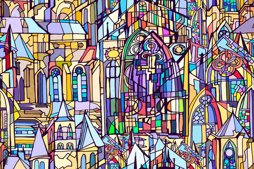 Vector seamless pattern featuring fictional Gothic city architecture elements such as towers and stained glass windows. Abstract colorful background. Hand drawn.
