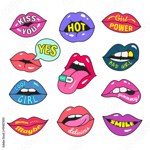 Lips patches collection. Vector illustration of women's lips with writings and relevant words, expressing different emotions. Isolated on white.