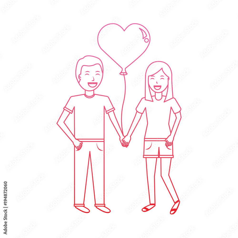 couple of young man and woman hold hands witn heart balloon vector illustration degrade line design couple of young man and woman hold hands witn heart balloon vector illustration degrade line design