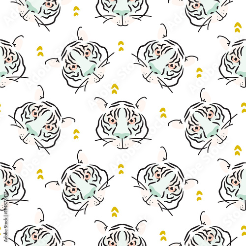 Seamless pattern with tiger heads scandinavian background.