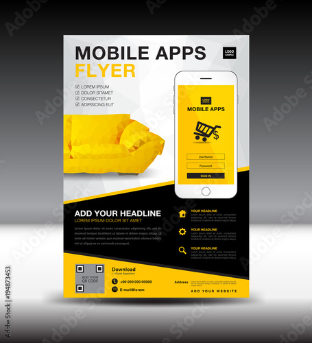 Mobile Apps Flyer template. Business brochure flyer design layout. smartphone icon mockup. application presentation. furniture magazine ads. Yellow cover. poster. leaflet. advertisement. A4
