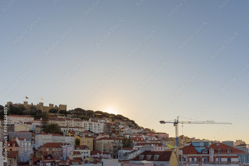 Skyline and sunset in Lisbon, Portugal.