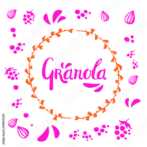 Vector granola lettering pink logo design in orange circle of twigs with seeds and berries on white background