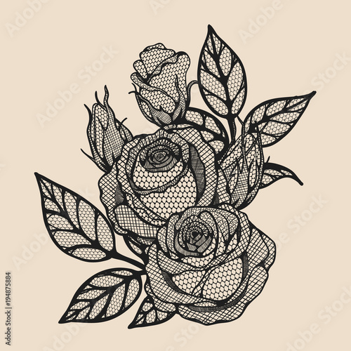 Rose vector lace by hand drawing.Beautiful flower on brown background.Rose lace art highly detailed in line art style.Flower tattoo on vintage paper.