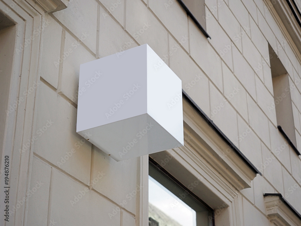 Signboard side view of empty white mock up cubic, squared, box, signage ...