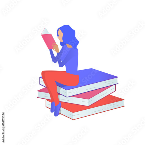 A reading girl sitting on a stack of books. Vector illustration in modern style.