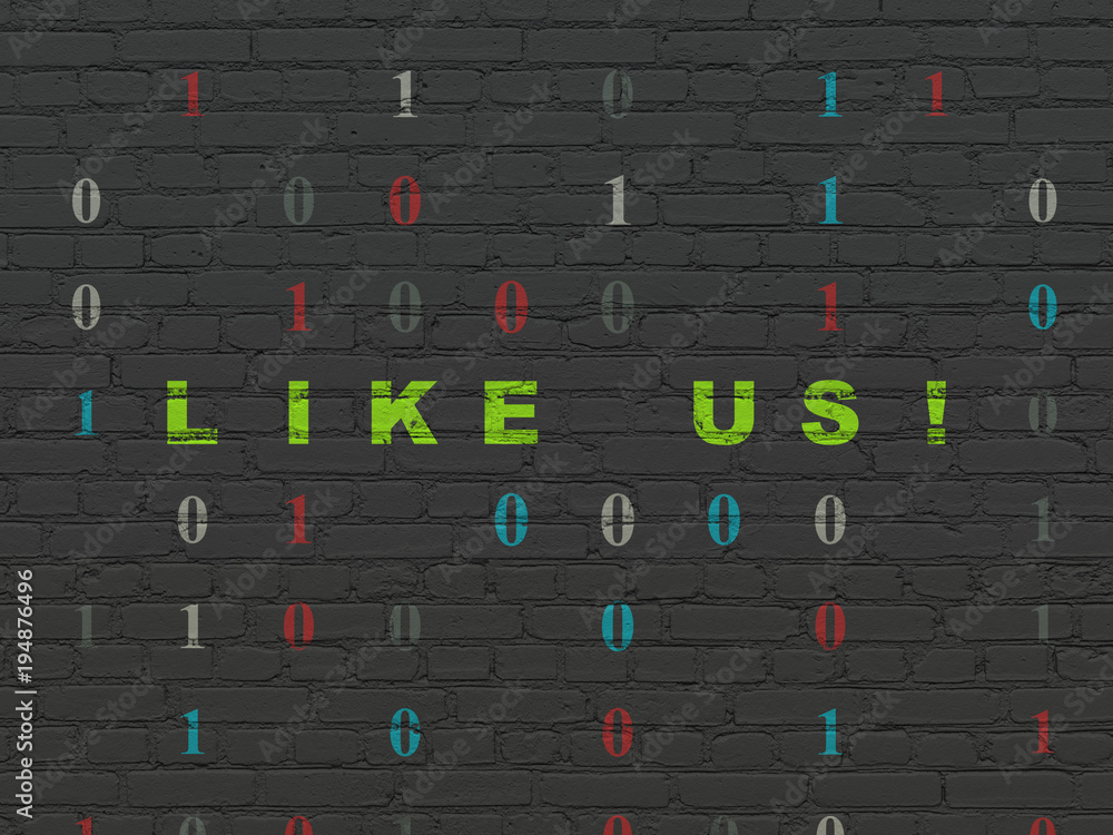 Social network concept: Painted green text Like us! on Black Brick wall background with Binary Code Social network concept: Painted green text Like us! on Black Brick wall background with Binary Code