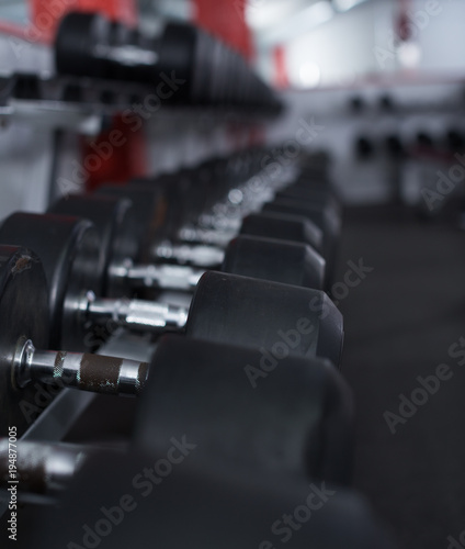 Rows of dumbbells in gym