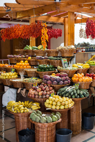 Fototapeta Naklejka Na Ścianę i Meble -  Fresh exotic fruits in Mercado Dos Lavradores. Funchal, Madeira, Portugal