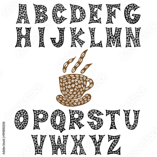 The letters of the coffee beans are hand-drawn. Coffee font. Vector EPS8.