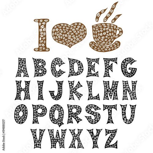 The letters of the coffee beans are hand-drawn. Coffee font. Vector EPS8.