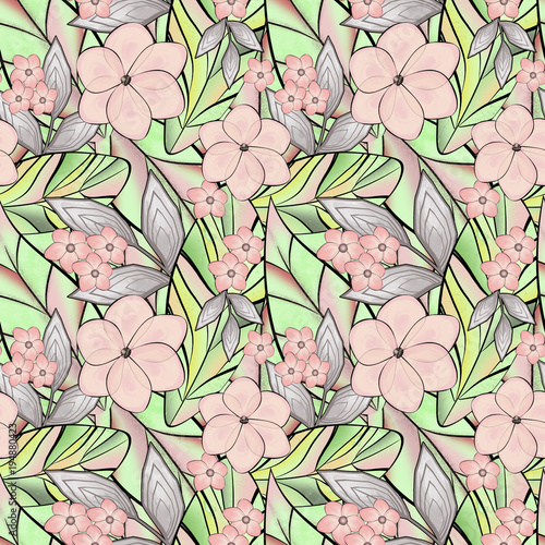 Seamless abstract floral pattern. Pink cute flowers, tropical leaves. © brusnika9
