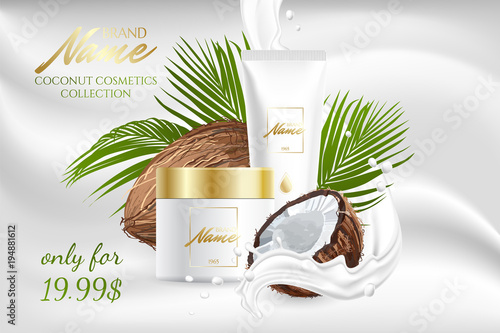 Design cosmetics product advertising for catalog, magazine. Mock up of cosmetic package. Moisturizing cream, gel, milk body lotion with coconut oil.