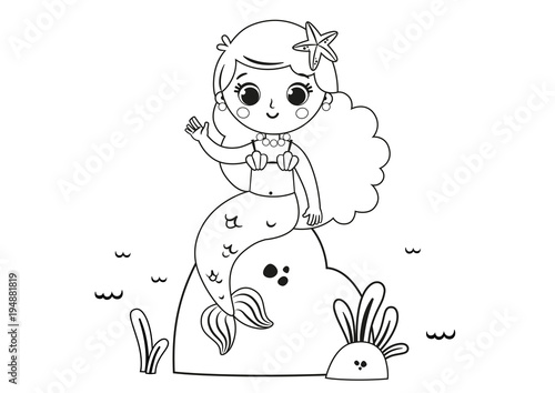 Cartoon Mermaid For Coloring Page Activity. (Vector illustration)