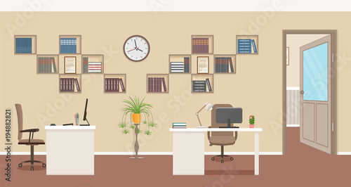 Office interior design with furniture and open door to the corridor. Business workspace organization.