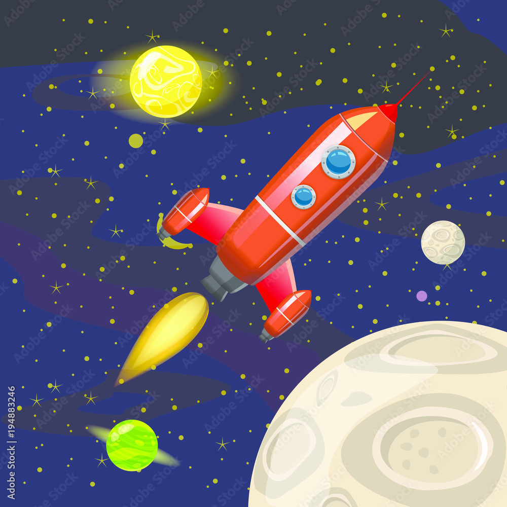 Fototapeta premium Space rocket launch, spaceship, space background, cartoon style, Vector illustration