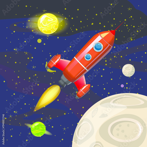 Space rocket launch, spaceship, space background, cartoon style, Vector illustration