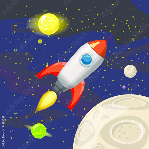 Space rocket launch, spaceship, space background, cartoon style, Vector illustration