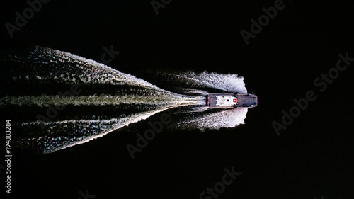 Beautiful aerial shot from a fire department ship on the river