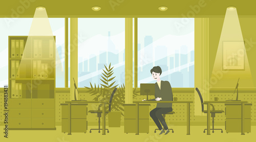 Modern interior of the office. The character employee manager works at the computer. Vector, illustration, isolated © hadeev