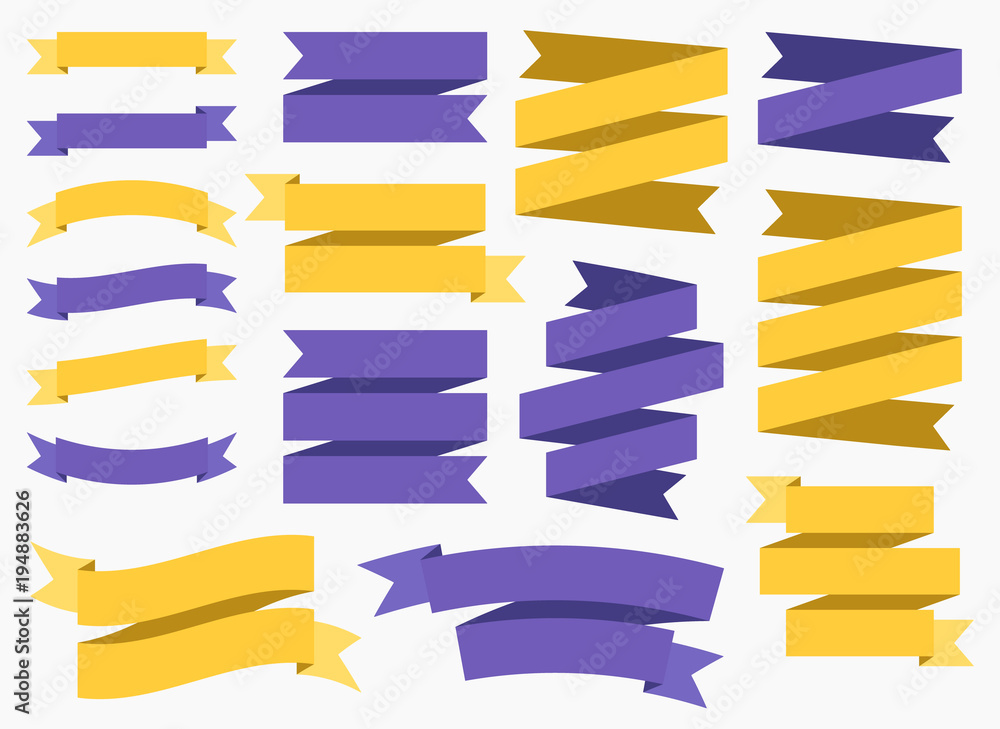 Vector ribbon banners isolated on White background. Set of 16 yellow and purple ribbon banners
