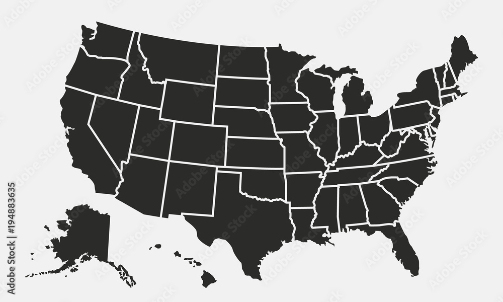 Naklejka premium Mapa USA z państw samodzielnie na białym tle. Mapa Stanów Zjednoczonych Ameryki. Ilustracji wektorowych