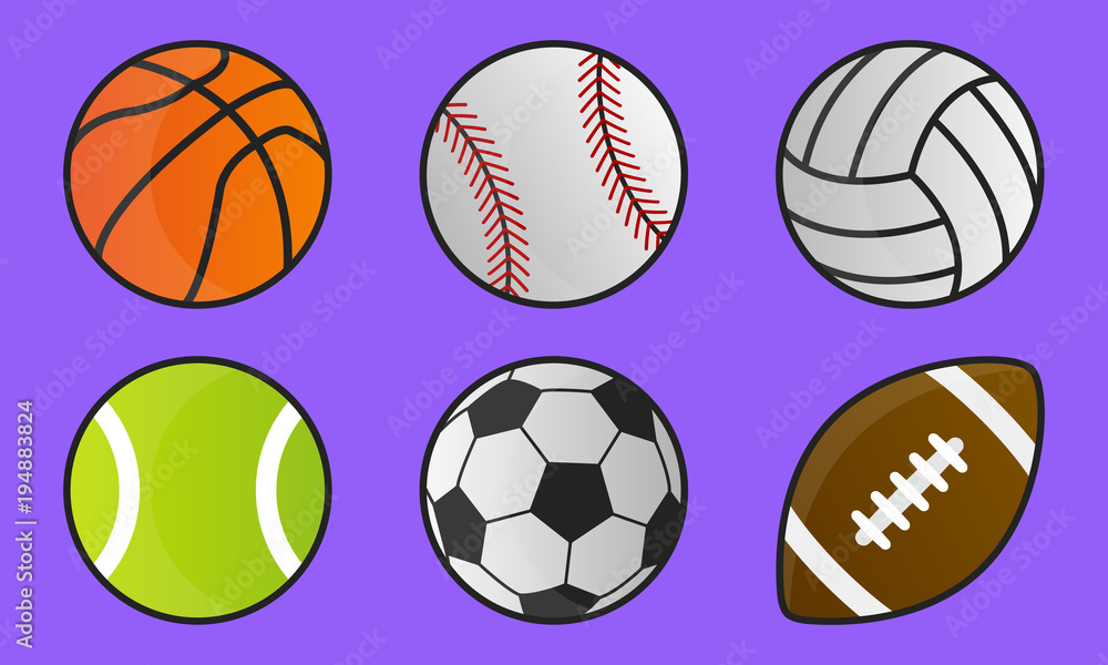 Colorful sport balls isolated on purple background. Cartoon style. Sport icons. Vector illustration