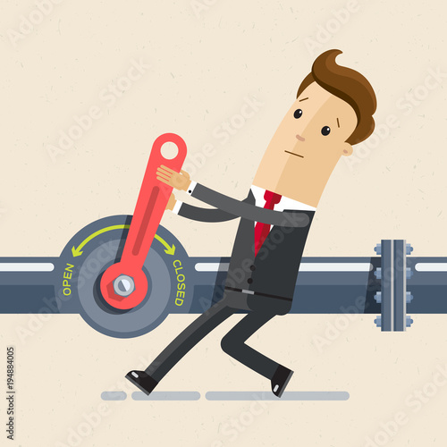 Businessman close red crane and shut off oil and gas industry oil pipe line . Vector illustration flat