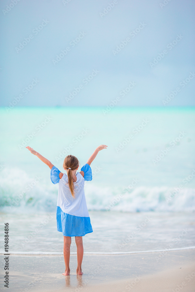Adorable little girl on the beach. Happy girl enjoy summer vacation background the blue sky and turquoise water in the sea Adorable little girl on the beach. Happy girl enjoy summer vacation background the blue sky and turquoise water in the sea