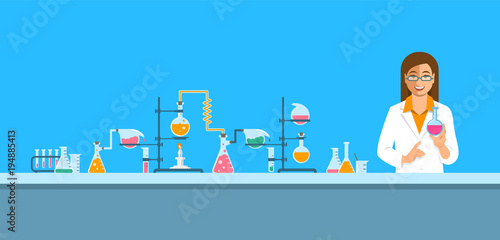 Chemist in chemical laboratory. Flat vector background. Cartoon horizontal banner. Woman scientist in white coat holds flask with new medicine near pharmaceutical equipment. Medical research concept