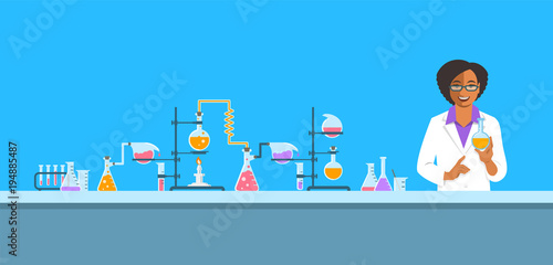 Chemist in chemical laboratory. Flat vector background. Cartoon horizontal banner. Black woman scientist in white coat holds flask with new medicine near pharmaceutical equipment. Medical research