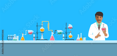 Indian chemist in chemical laboratory. Flat vector background. Cartoon horizontal banner. Hindu man scientist in white coat holds flask with new medicine at pharmaceutical equipment. Medical research